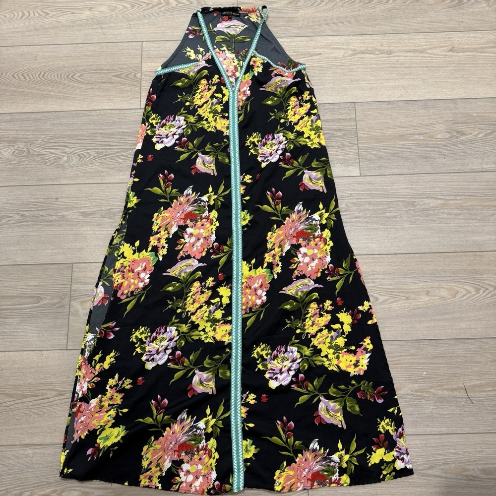 America & Beyond Black Floral Halter Maxi Dress S Teal Zip Boho
